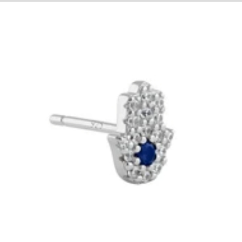 *Sterling Silver Petite Hamsa Round Sapphire Clear Cut CZ Earrings - Picture 2 of 4